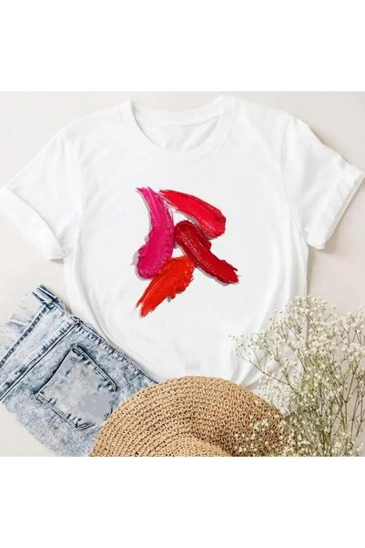 THİS GYOX Women's Printed Detail Oversize Bol Cut T-Shirt with Cycling Neck