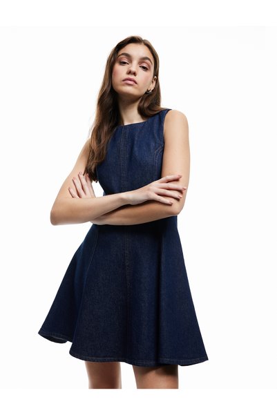 Koton Mini rochie din denim din bumbac, fără mâneci, cu decolteu