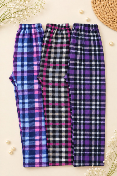 Pi Giyim 3'lü Kadın Kışlık Yumuşak Polar Pijama Altı Mavi, Mor Ekose ve Kırmı...