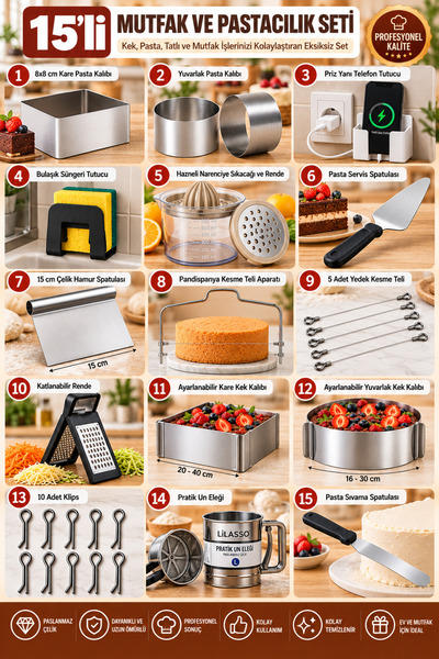 Lilasso Home 15 Parça Mutfak & Pastacılık Seti