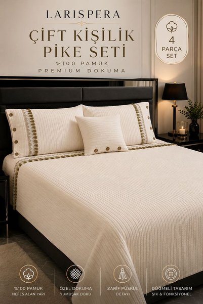 Larispera 100% Cotton Tasseled Double Premium Pique-Bedspread Set Cream Knitt...