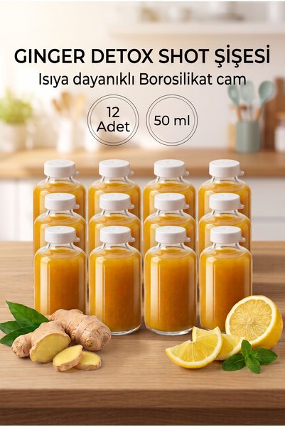 Milea 12 Adet Round Borosilikat Cam Ginger Shot Detox Şişesi Sızdırmaz Plasti...