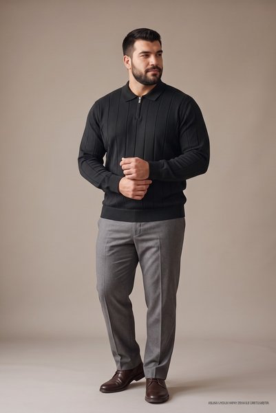 Maccali Erkek Fermuarlı Çizgili Siyah Büyük Beden Sweatshirt