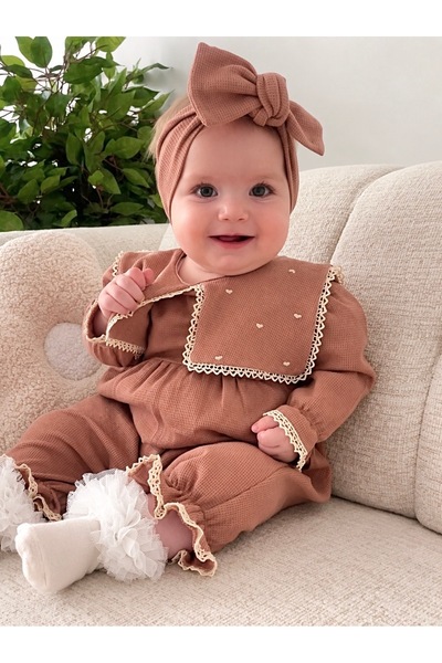 Jammybaby Maita Tulum Kare Mendil Yakalı Kalp Nakışlı Waffle %100 Pamuk Tulum...