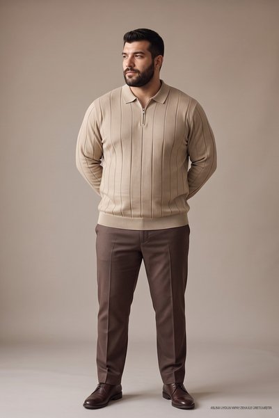 Maccali Erkek Fermuarlı Çizgili Krem Büyük Beden Sweatshirt