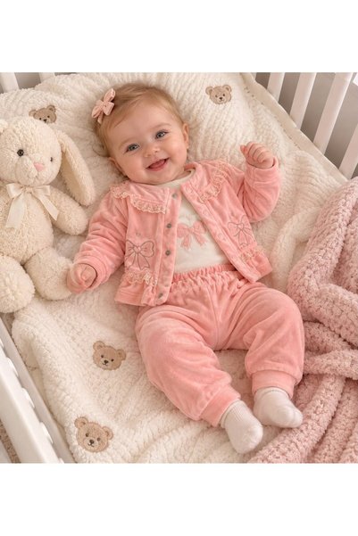mini pakel organics DANTEL VE FİYONK DETAYLI KADİFE HIRKA VE PANTOLONLU ZIBIN...