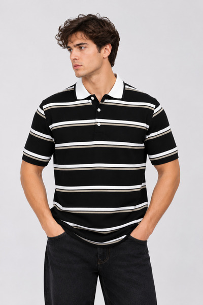 İLKCET MODA Striped Button Collar Men's Regular T-Shirt