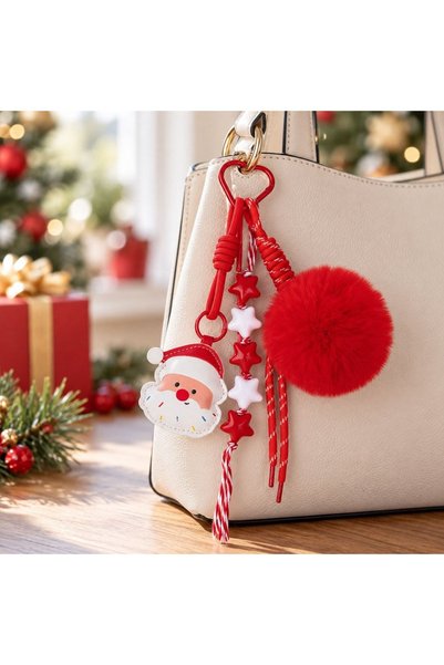CATIANO Breloc Charm de Craciun cu Pompon Rosu Mos Craciun Stele 25cm
