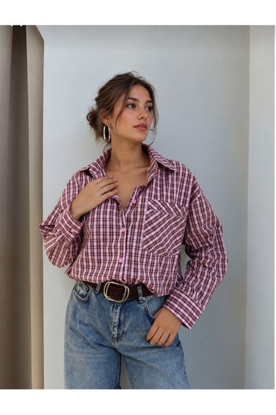 By Ezgi Kılıç Oversized Plaid Shirt with a Pocketed Collar and Rhinestones