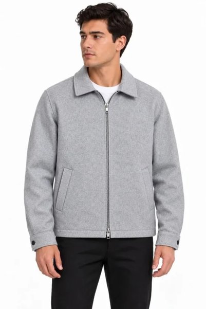 Generic Brand Men's Solid-Color Cashmere Shirt-Collar Jacket with a Two-Way Z...