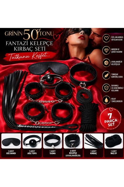 Grinin 50 Tonu Fantazi Kelepçe ve Kırbaç Seti 7 Parça Fetiş Set– Ayarlanabilir Kelepçe, Göz Bandı, Ağız Topu, Tasma ve İp – Siyah