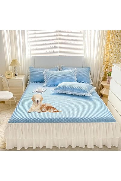 Generic Ice Silk Bed Skirt 2-in-1 with Fitted Sheet, Blue, 180x200CM, Drop Pl...