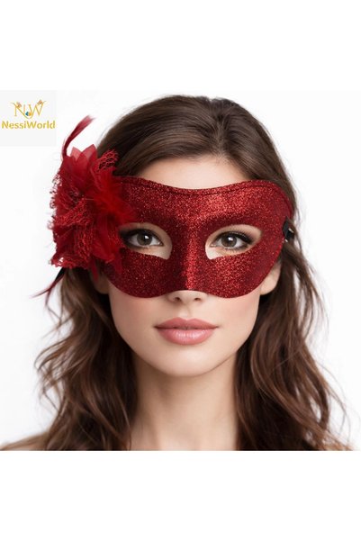 plentiful Plentiful Red Glittery Furry Ball Mask – Women's Party &amp; Masque...