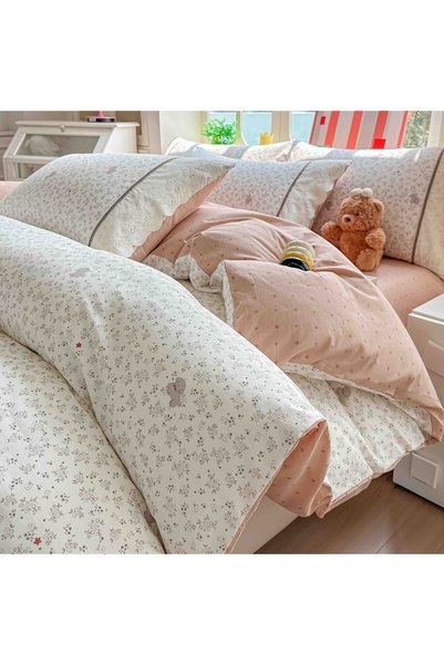 JOJO HOME Set de lenjerie de pat din 100% bumbac, în nuanțe de crem și roz, c...