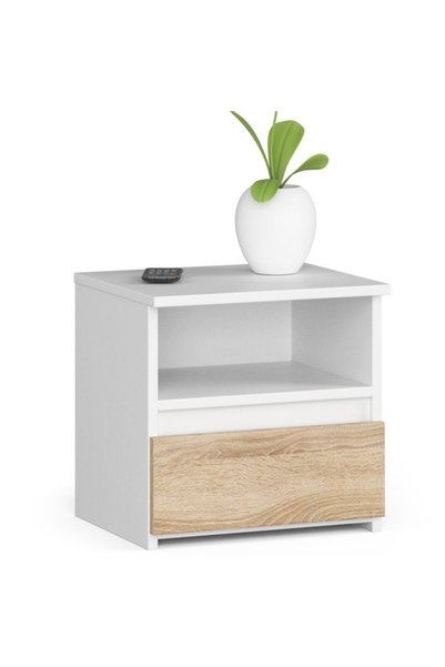OEM Noptiera cu 1 sertar, PAL laminat 16 mm, 40x35x40 cm, alb si stejar sonoma