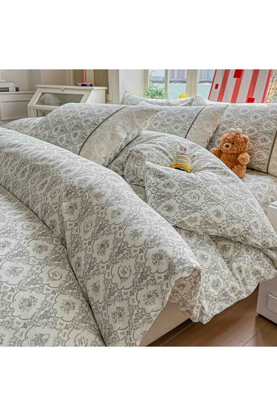 JOJO HOME Set de lenjerie de pat din 100% bumbac, cu elastic și broderie, cul...