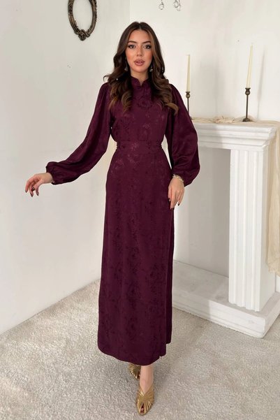 bysocafashion Plum-Colored Jacquard Dress with Puffed Sleeves