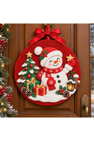 Yavuz Süs Glittery Wooden Embossed New Year's Door Decoration – Snowman Desig...