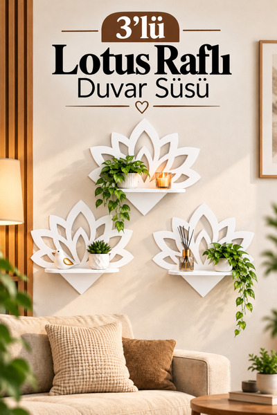 efriva 3'lü Lotus Raflı Duvar Süsü Dekoratif MDF Çiçek Desenli Duvar Rafı Yap...