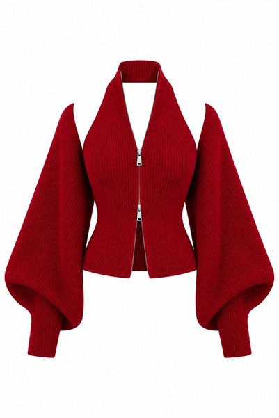 Laluvia Red Zippered Bolero Detailed Double Knitwear Set - 10202