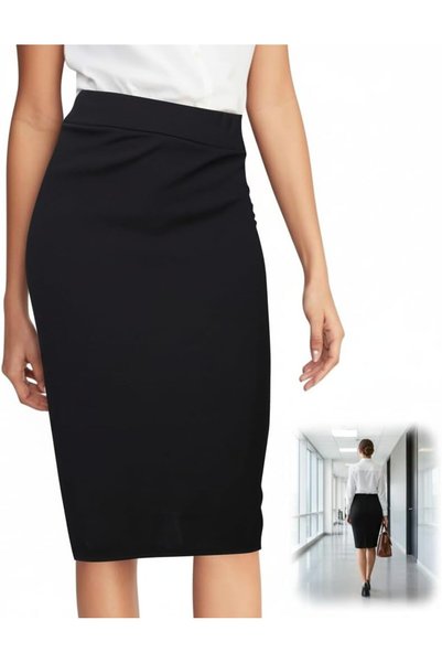 Generic Black High Waisted Pencil Skirt for Women, Stretchy Midi Length Offic...