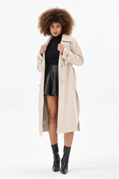 TheyYou Women's Leather Look Belted Long Trench Coat |   Belted Long Trench Coat