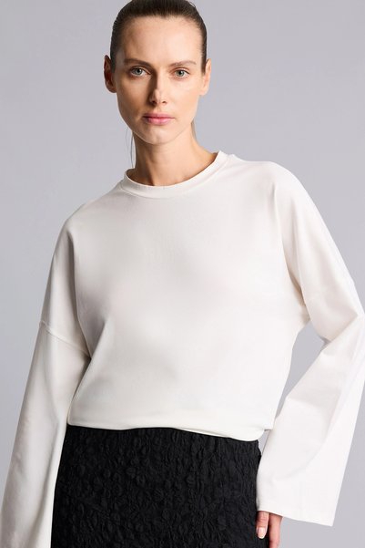 DeFacto I2727AXER105 Ecru Crew Neck, Drop-Shoulder, Wide, Long-Sleeved Relaxe...