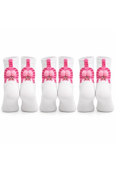 WomanAndKids Wak Women's 3-Piece White Pink Cat Patterned Pompom Socks Set | ...
