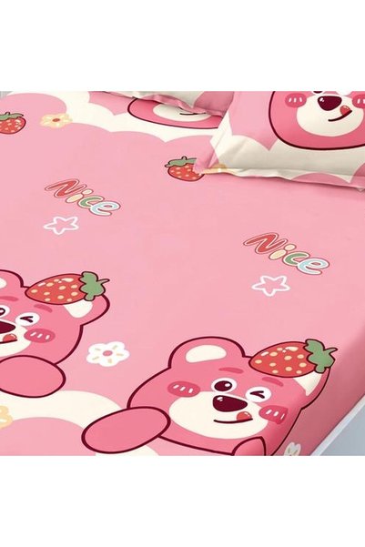 OEM Cearșaf cu elastic 160x200 cm roz cu ursuleți și căpșuni, bumbac satinat,...