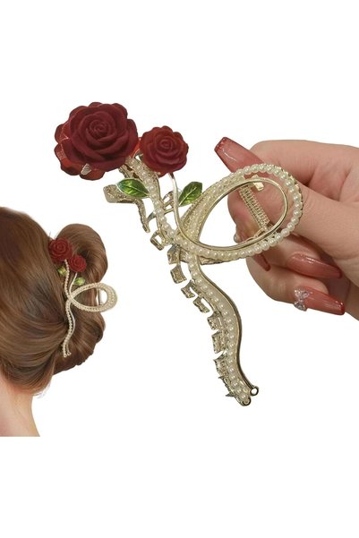 Generic Women's Red Rose Pearl Hair Claw - Floral Thick Hair Hold Jaw Barrett...