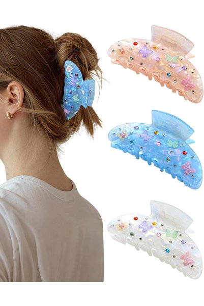 Generic 3 Pack Hair Claw Clips for Women, Bow Printed Jaw Clips with Colored ...