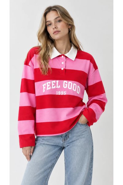 no 21 pera Red Polo Collar "Feel Good" Printed Sweatshirt