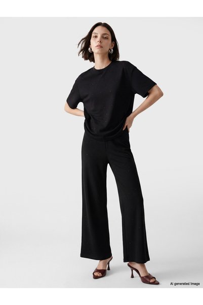 LC Waikiki LCW Modest Black Interlock Embellished Loose & Wide-Leg Women's Pa...
