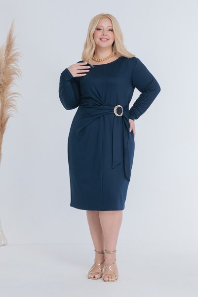 Madwilo Women's Navy Blue Midi Dress with Gold Buckle Detail, Plus Size, Stre...