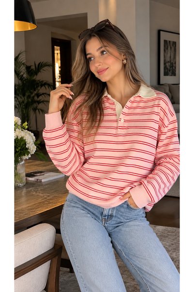 Gülce moda Pulover pentru femei, cu nasturi, cu guler polo, cu dungi, tricota...