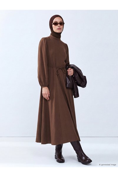 LC Waikiki Özmarka New Season Brown High-Neck Dress with Belt, Made from a Mo...