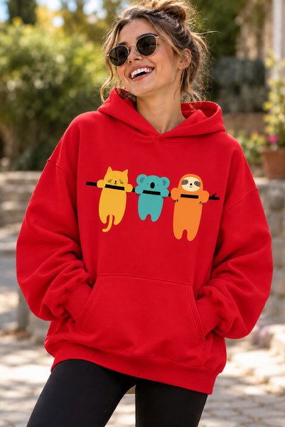 ArtYus Cute Cat, Koala, and Sloth Print Unisex Oversized Hoodie – Relaxed Fit...