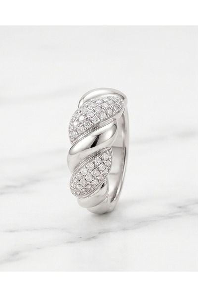 XUPING JEWELRY SPIRAL-DESIGN SILVER-STEEL RING WITH ZIRCONIA STONES