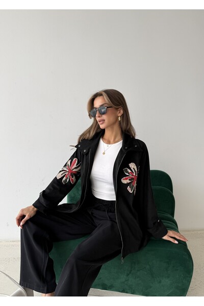 MİA NOURA Jachetă pentru femei din țesătură de suvet, cu mâneci, broderie cu ...