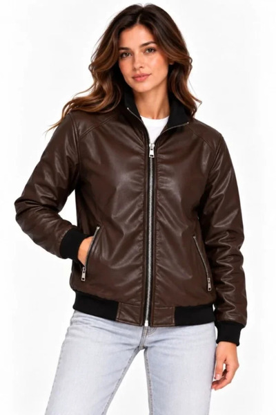 Generic Brand Faux Leather Jacket with Satin Lining, Stand-Up Collar, 3 Pocke...