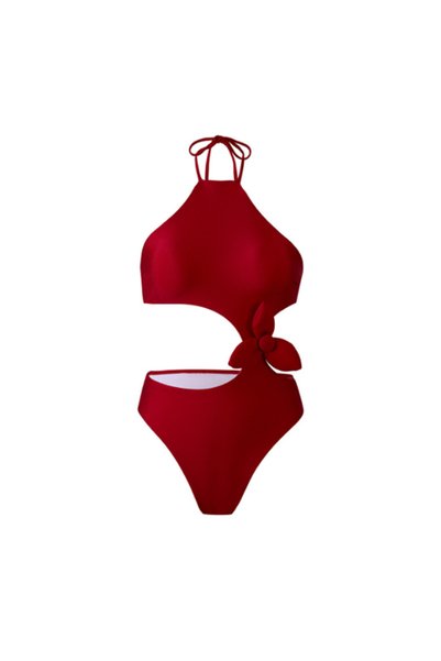 Chicret RED DESIREE Κόκκινο ολόσωμο μαγιό με λουλούδι και ανοίγματα