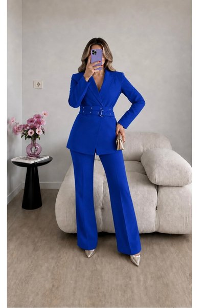Ekim Store Set de blazer și pantaloni Saks, albastru cobalt, cu ochiuri de pa...