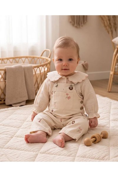 Luna Kids Store طقم مكون من أفرول وقميص لطفلة مزين بزخارف زهور - لون كريمي