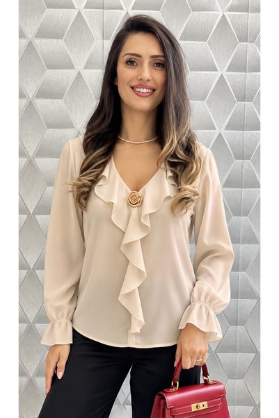 styleFlex Cămașă Damă Elegantă din Material Satinat Tip Piersicuță, Volane De...