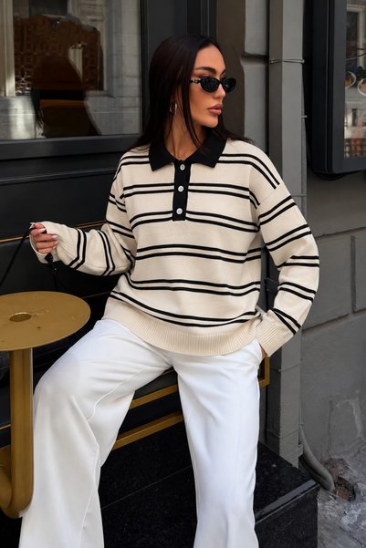 MADAM LİONESS Pulover pentru femei din tricot, cu guler polo, dungi și nasturi