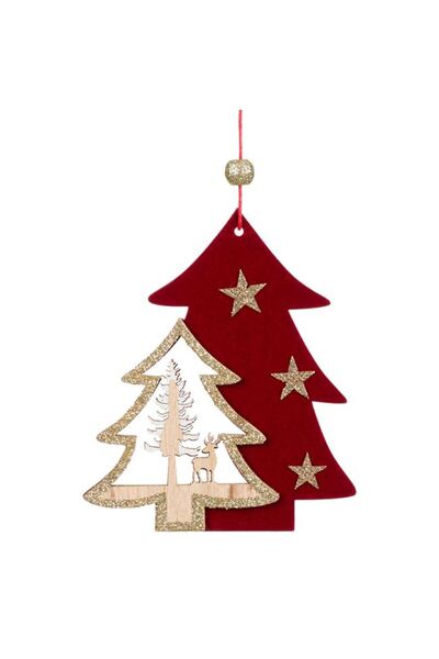 SHOPIENS Ornament Brad Craciun Lemn Brad Rosu Catifelat Glitter Bej 12cm Shop...