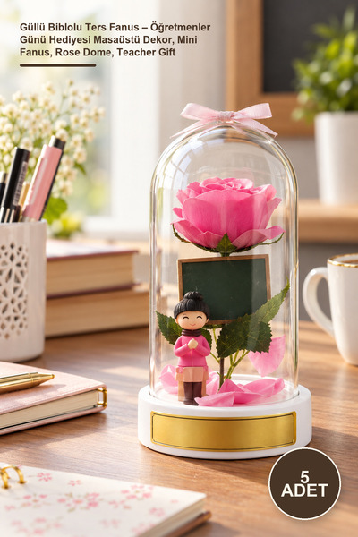 Yenilig 5 Adet Güllü Biblolu Ters Fanus – Öğretmenler Günü Hediyesi Masaüstü Dekor, Mini Fanus, Rose Dome, Teacher Gift