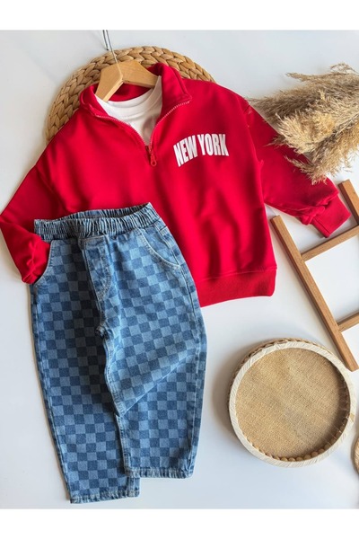 Patriko GIRLS' AND BOYS' MOCK NECK SWEATSHIRT AND CHECKERED DENIM PANTS SET