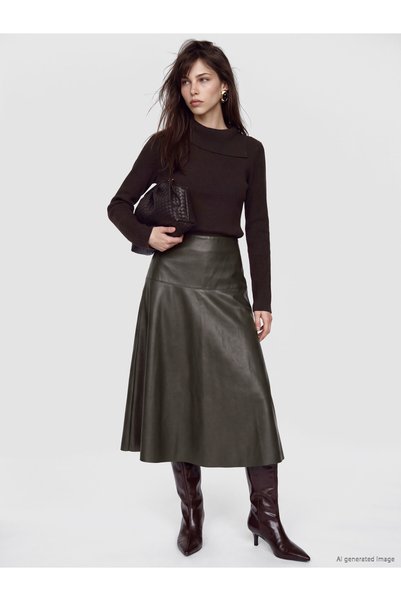 LC Waikiki TWO MT SHOP QUALITY LCW Vision Khaki Faux Leather Straight Midi Sk...
