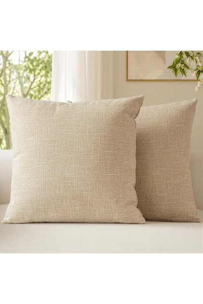 Generic Set of 2 Beige Linen Decorative Throw Pillow Covers 50 x 50 CM Farmho...